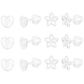 6 Pairs Clear Earrings for School Plastic Earrings Hypoallergenic Earrings Invisible Earrings Clear Studs Plastic Earrings for Sensitive Ears, Resin (Clover + Flower)