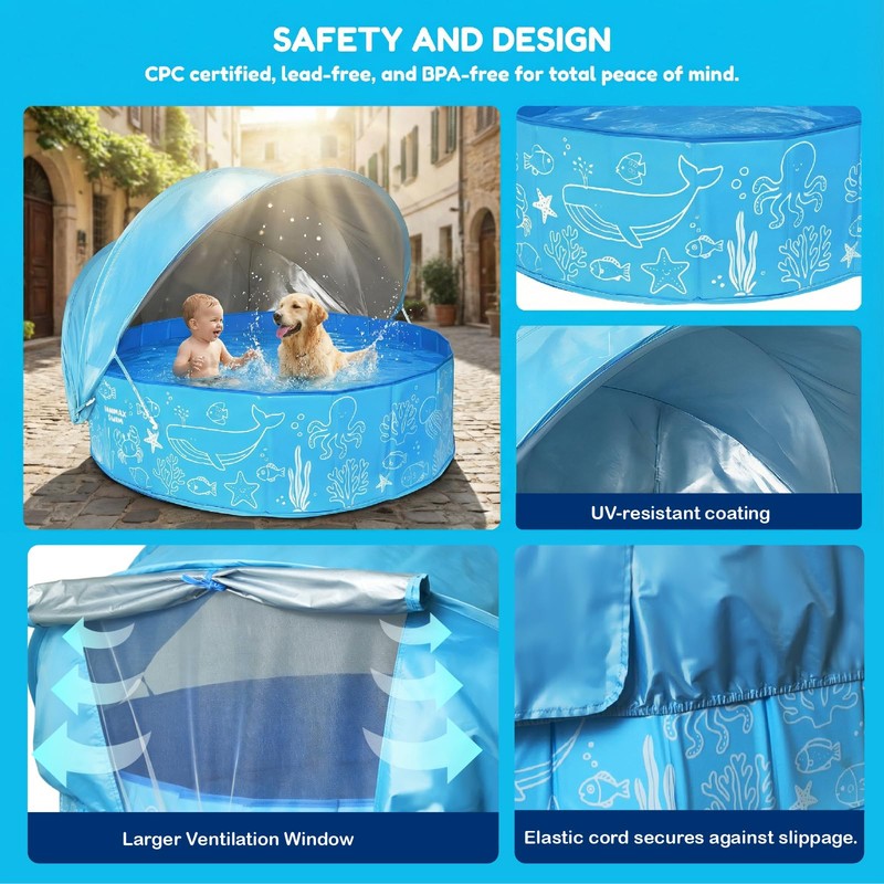 Kiddie Pool with Canopy - 47 in Foldable Kids Pool,