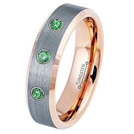 0.21ct Tsavorite 3-Stone Tungsten Ring - January Birthstone - 6MM Two-Tone Rose Gold Ion-Plated Beveled Edge Grey Brushed Center Comfort Fit Unisex Wedding Anniversary Band -10.5