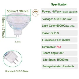 CIKAMIO MR16 12-24v Non-dimmable 4w cob led spot Light Bulb 35w Halogen Bulb Replacement gu5.3 Base 6000K Cool White 36 Degree Beam Angle Lighting for Tracking Light (6000k Daylight White)