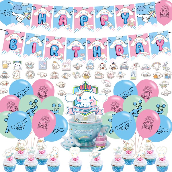 Cinnamoroll Decoraciones de fiesta, suministros de fiesta de cumpleaños para cinnamoroll Suministros de fiesta incluye pancarta – Decoración para tartas – 12 decoraciones para cupcakes – 18 globos –