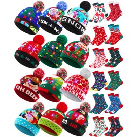 ramede 24 Pcs LED Christmas Hat and Christmas Socks Set, Light up Christmas Hat Xmas Beanie Hat Unisex LED Winter Snow Hat(Cute Style)