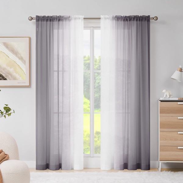 Melodieux Grey Ombre Sheer Curtains Chiffon Grey Gradient Rod Pocket Voiles, 56x72 inch, 2 Panels