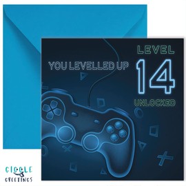 GIGGLE GREETINGS Teenager Gamer Birthday Card For 14 Year Old Girl or Boy - Level 14 Unlocked Controller Gaming Birthday Card With Blue Envelope - Eco Friendly Card