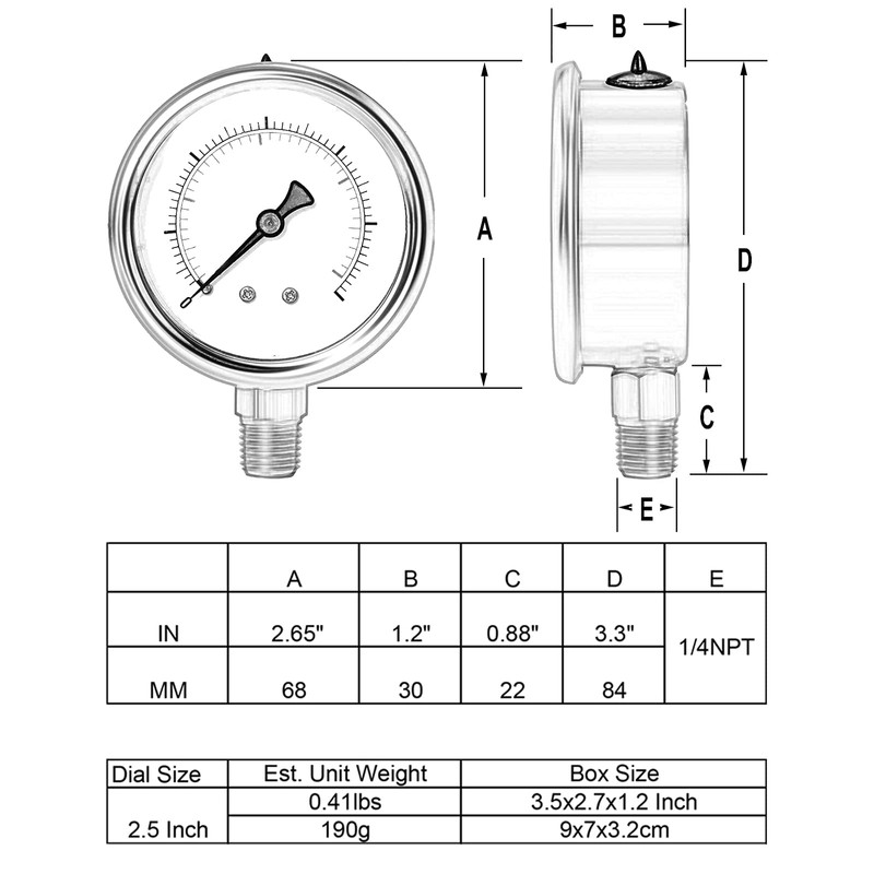 UHARBOUR Glycerin Filled Vacuum Pressure Gauge, 2-1/2" Clear dial,1/4" NPT