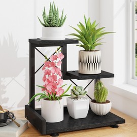 LASZOLA Plant Stand Indoor Tabletop Small for Desk, 3 Tier Wooden Black