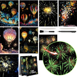 VTEAS 8 Sheet Noctilucent Scratch Art Rainbow Painting Paper with Pen/Cleaning Brush, Glow in The Dark Engraving Scratchboard(A4) for Kids Teens & Adult, Sketch Card Creative Craft Toy (Fireworks)