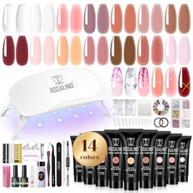ROSALIND Gel Nails Starter Set with Mini UV Lamp, 14 Colours Nail Set, Base Top Coat, Poly Nail Extension Gel, Manicure Nail Studio
