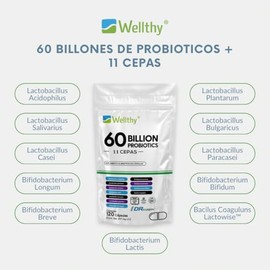 Wellthy Probioticos 60 Billones 11 Cepas. 120 Cápsulas 4 meses de Consumo, Cápsulas Veganas, DRcaps Acción Prolongada, Bottle Free.                   