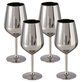 WHW Whole House Worlds Modernist Home Long Stem Wine Glasses, Set of 4, 16.5 oz, Reflective Silver, Lacqured Glass, Premium Lead-Free, Red and White Wine, (490 ml) Dishwasher Safe