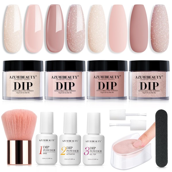 AZUREBEAUTY Dip Powder Nail Kit Starter, All Season Nude Skin Glitter 4 Colors Dipping Powder Liquid Set Recycling Tray with Base & Top Coat Activator for French Nail Art Manicure Salon DIY at Home.