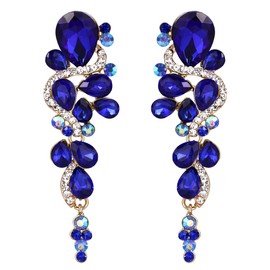 BriLove Women's Clip On Earrings Wedding Bridal Jewelry Bohemian Boho Crystal Multiple Teardrop Chandelier Screw Back Dangle Royal Blue Gold-Tone
