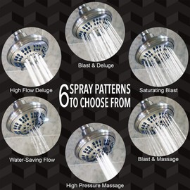 6 Function Adjustable Luxury Shower Head - High Pressure Boosting, Wall Mount, Bathroom Showerhead For Low Flow Showers, 2.5 GPM - Brushed Nickel