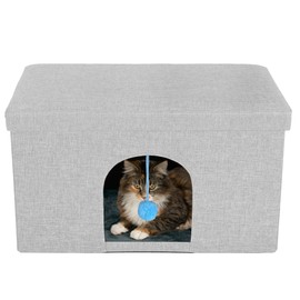 Furhaven Pet House for Indoor Cats & Medium/Small Dogs, Collapsible & Foldable w/Plush Ball Toy - Living Room Ottoman Cat Condo - Mist Gray, Large