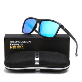 NIEEPA Men's Driving Sports Polarized Sunglasses Square Plastic Frame Glasses (Blue Silver Lens/Bright Black Frame)
