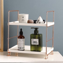 lemonadeus 2-Tier Standing Rack Rose Gold Bathroom Accessories Plastic/Metal Vanity Tray Cosmetic Organizer Standing Counter Shelf (ROSEGOLD)