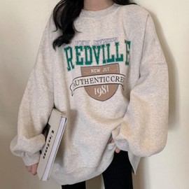Women's Mint Loose Fit Long-Sleeve Lettering Sweatshirt Brushed Lining