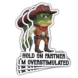 3 Pcs Hold On Partner I'm Overstimulated Frog Stickers Waterproof, Animal Cowboy Frog Funny Quote Stickers - Vinyl Sticker 3 Inches for Water Bottles Laptop Phone Car Window Helmet
