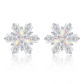 Sterling Silver Snowflake Earrings Necklace Bracelet: Winter Pendant Jewelry With Cubic Zirconia, Christmas Holiday Gifts for Women Snow Lovers (opal snowflake earrings)