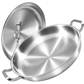 Yeksum 16 Inch Stainless Steel Paella Pan,18/10 Large Skillet，Frying Pan with Lid，Even Heating for All Cooktops，Oven/Dishwasher Safe for Outdoors,Camping