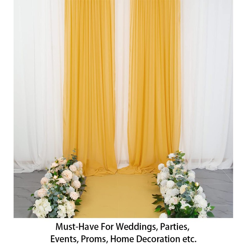 ShinyBeauty Gold Chiffon Curtains 2 Panels 2.4x10 FT Chiffon Backdrop