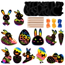 FEPITO 24 Pcs Easter Scratch Paper Kits Bunny Scratch Paper Black Doodle Pad Magic Painting Board Craft with 10 Wooden Stylus and 8M Ribbons for Easter