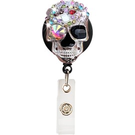 Coloured Skull Diamond Badge Reel Cute Retractable Rhinestone Badge Holder Name ID Badge Clip with Swivel Alligator Reel Clip Badge Holders for Nurse Doctor Teachers,Identification Badges and Supplies