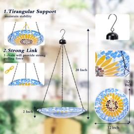 MUMTOP Mosaic Hanging Bird Bath-Bird Baths for Outdoors - 12 Inch Glass Birdbath Bird Water Bowl Bird Feeders for Outside, Garden, Lawn Yard Decor（Sunflower）