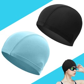 Comfortable Fabric Swimming Cap, Super Elastic, No Pull Hair, Swimming Caps, Swimming Cap for Girls, Boys, Women, Men, Stretchy Fabric, Black and Blue, Set of 2