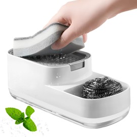 HIHALO Dispensador jabon trastes,dispensador de jabon Cocina, dispensador de jabón de Cocina con Soporte para Esponja, dispensador de jabón Push-Touch con 1 Esponja y Bandeja de Drenaje (Blanco)