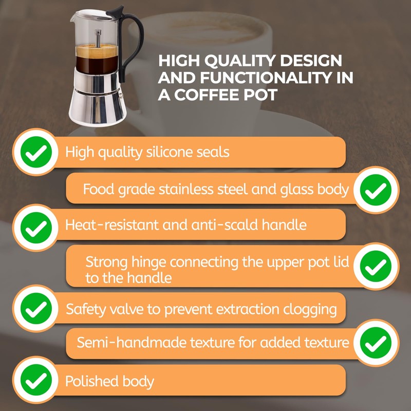 Mogrecha Clear Glass Moka Pot 4 Cup 220ml Stainless Steel