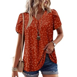 Ladies Red Printed Tunic Tops Trendy Light Weight V Neck Loose Shirts 2025 Chiffon Petal Short Sleeve Pleated Tshirt L