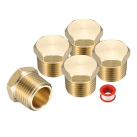 sourcing map 5Pcs Brass Hex Head Plug Compression Cap Fitting Stop Valve Cap, 3/8" NPT Hex Thread Pipe Fitting Flare Cap Tubing Ends Sealing Cap with PTFE Tape for Air Conditioner, Water, Gold