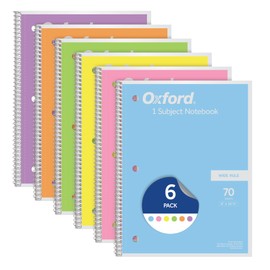 Oxford Spiral Notebook, Bulk Wide Ruled Spiral Notebooks for School, Pastel Colors, 1 Subject School Journal, 70 Wide Ruled Sheets, 8 x 10-1/2 Inch, 6 Pack, Blue Green, Pink, Purple, Yellow (63757)