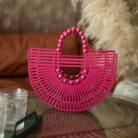 RULER TRUTH Womens Bamboo Handbags Summer Straw Beach Purse, Handmade Straw Purse for Women Natural Wicker Purse Rattan Purse for Women Rose Red