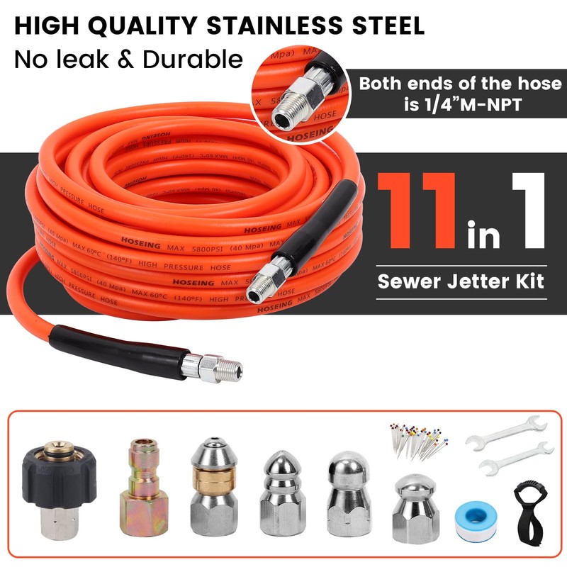 70FT Pressure Washer Sewer Jetter Kit, 5800 PSI Water Jet