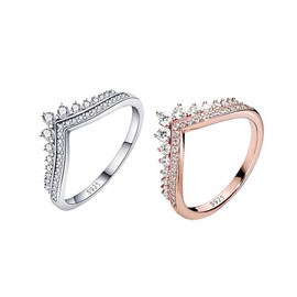 TOFBS Set of 2 Crown V-Shape Rings Set, 925 Sterling Silver, Cubic Zirconia Ring, Friendship Rings, Promise Rings, Stackable Thumb Ring, Jewellery Sets, Gift for Women, Sterling Silver, No Gemstone