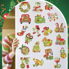 Copkim 30 Pcs Refrigerator Diamond Art Magnets Easy Diamond Art Kits Fridge Stickers for Adults Kids DIY Home Decors (Xmas Tree)
