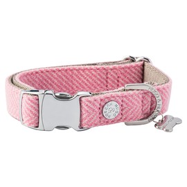 HUGO & HUDSON Tweed Dog Collar Quick Release Safety Metal Buckle, Pink Herringbone, XS