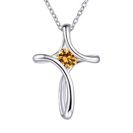 NINAMAID Cross Necklace for Women, 925 Sterling Silver Birthstone Necklaces for Women with Diamond Cross Necklace Birthstone Jewelry Birthday Gifts for Women