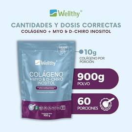 Wellthy Colageno Hidrolizado, Myo & D-Chiro Inositol 900g. Ratio 40:1, Sin Azúcar, Scoop Inlcuído, 60 Porciones con Envase, 100mg de Vitamina C, Bottl