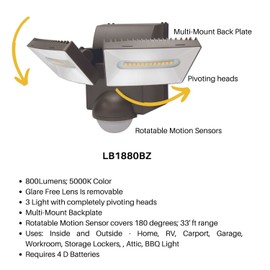 IQ America LB1880BZ Motion Security Flood Light, Battery Operated Motion Sensor, 800 Lumen LED, Wall/Eave Soffitt Universal Mount Indoor Outdoor Closet Shed Attic Workshop Garage Grill Light BZ