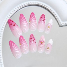 MERVF Press on Nails Almond Medium Pink Ombre French Tip Fake Nails Summer Glue ons Acrylic Nail 3D Shell Flower Design Supplies Glossy 24pcs