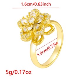 KONPJE Fidget Ring Sunflower Ring for Women Gold Anxiety Crystal Rings Cubic Zirconia Sunflower Open Adjustable Fidget Spinner Sun Rings for Men Trendy Jewelry (White)