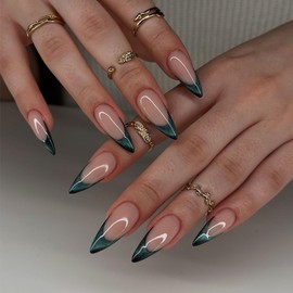 French Almond Press On Nails Nude Fake Nails With Green French Tip Acrylic Nails Press Ons Reusable Glossy Medium Full Cover False Nails With Glue Artificial Stick On Nails For Women Nail Supplies