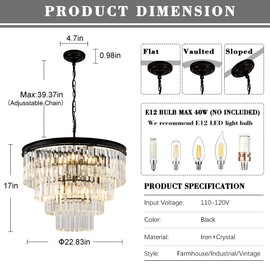 GDLT 22.8" Crystal Chandelier Lights 10-Light K9 Crystal Chandelier 4-Tier Black Luxury Crystal Hanging Light Fixture for Dining Room Living Room Kitchen Bedroom Stairway