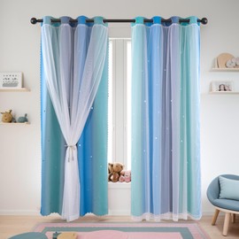 ele ELEOPTION Stars Blackout Curtains, Cut Out Stars Drapery with Eyelet, for Kids Girls Bedroom Living Room Colorful Double Layer Window Curtains, 1 Panel (Blue & Green, 52" W x 102" L (132x260cm))