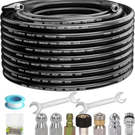 Sewer Jetter Kit for Pressure Washer Jet Drain Cleaner Hose 1/4 Inch NPT with Rotating and Button Nose Sewer Jetting Nozzles Kit 4000 PSI:_100FT