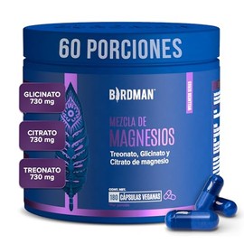 Birdman Mag Trifecta | Citrato, Treonato y Glicinato de Magnesio | 730 mg Magnesio Elemental | Sin Aditivos | Cápsula Vegana | 60 Porciones | 180 Cáps