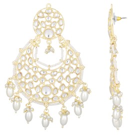 Aheli Traditional White Pearl & Kundan Studded Dangle Chandbali Earrings Ethnic Fashion Jewelry Gift for Women